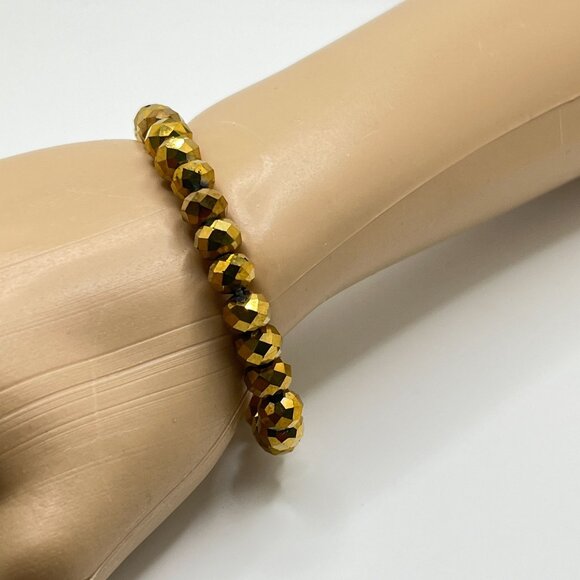 Gold Tone Faceted Bead Stretch Bracelet Vintage Metallic Beads - Picture 6 of 6